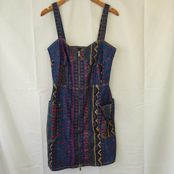 Marc By Marc Jacobs Overall Aztec Colorful Printed Denim Zip Up Mini Dress Sz 8 - Picture 4 of 16